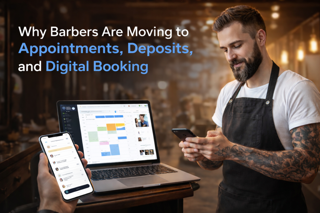 Modern barber using a smartphone booking app in a barbershop, with a digital appointment calendar displayed on a laptop in the background, reflecting how barbers manage bookings in 2026.